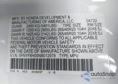 2022 Honda Passport Awd Elite из США, поврежденный, VIN 5FNYF8H05NB012979